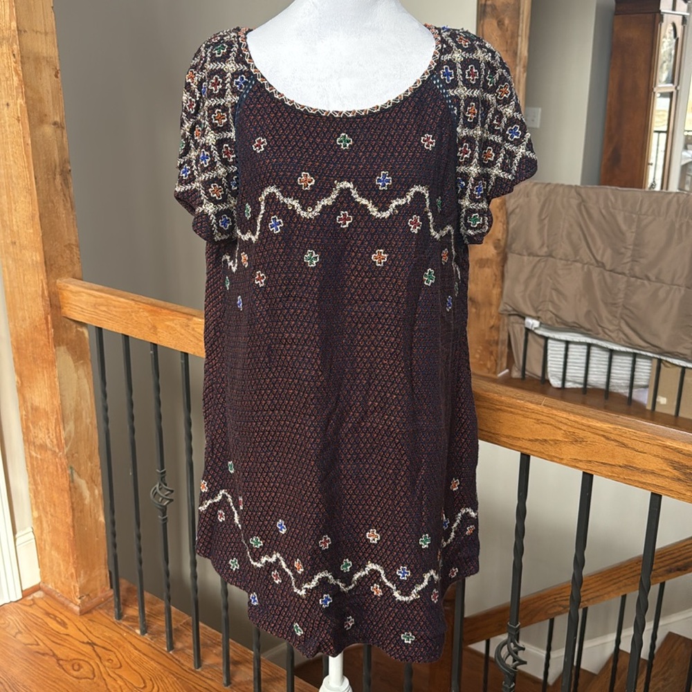 Free People Mini Dress in Deep Burgundy with Multi-Color Embroidery